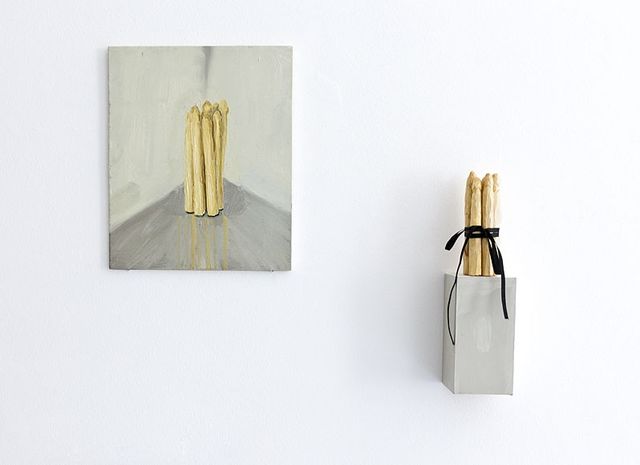 Aukje Koks, Oil on panel & wooden sculpture, Points d’Amour / Het witte goud, 2011