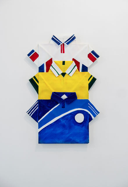 Dina Danish, Folded Canvas, Acrylic Paint, Three Sports Shirts, White, Yellow, Blue, 2016