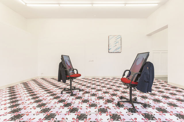 Catherine Biocca, Amsterdam Art Weekend 2021, Office chairs, screens, jackets, printed paper sheets, silicone tongues, custom made frames, industry marker on pvc., Credit Card, installation view at VHDG, Leeuwarden, NL,