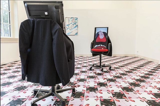 Catherine Biocca, Amsterdam Art Weekend 2021, Office chairs, screens, jackets, printed paper sheets, silicone tongues, custom made frames, industry marker on pvc., Credit Card, installation view at VHDG, Leeuwarden, NL,