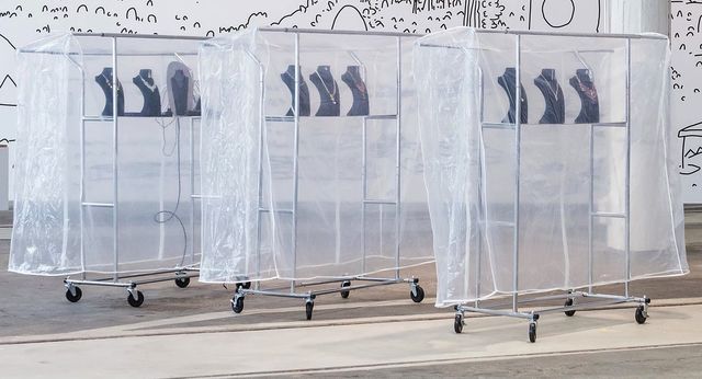 Catherine Biocca, Amsterdam Art Weekend 2021, Racks, jewelry, jewelry displays, plastic covers, ipad, speakers, audio and video., Sabotage, exhibition view Camouflage, Kunstmuseum St Gallen, 2019,