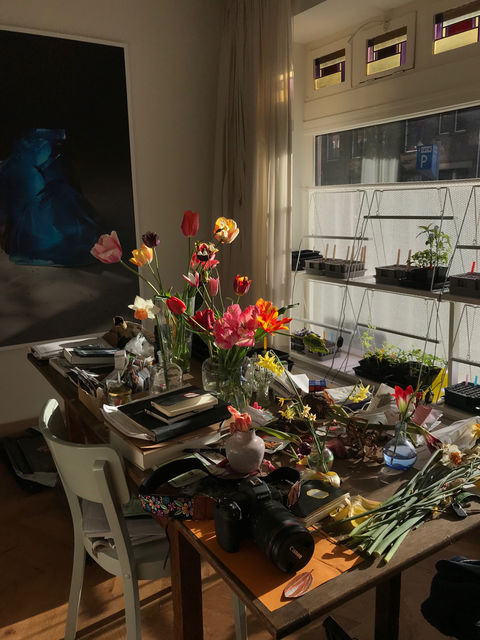 The choices of Elspeth Diederix, My workspace at home. The table is currently full of flowers, waiting to be photographed., - My home/studio -, 