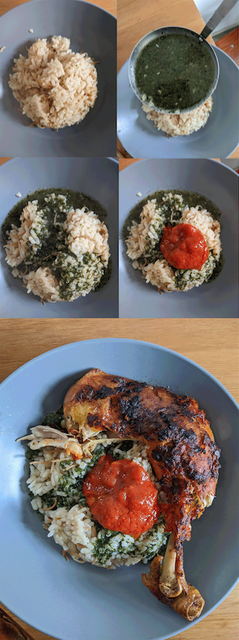 The choices of Dina Danish, Molokheyya with lots of garlic and coriander, served with tomato sauce, rice, coated chicken and Egyptian baladi salad. If you want the whole recipe let me know, it’s at least 3 pages long!, - I'm currently eating -  A dish that is extremely time-consuming and great for your immune system: , 