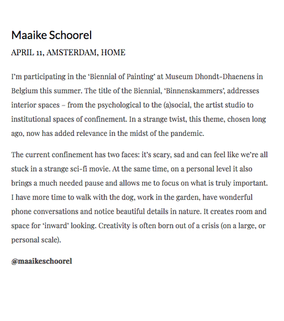 The choices of Maaike Schoorel , This text accompanies Maryams Eisler's picture of me for Lux Magazine. https://www.lux-mag.com/confined-artists-free-spirits-2020/, - My home/studio -, 