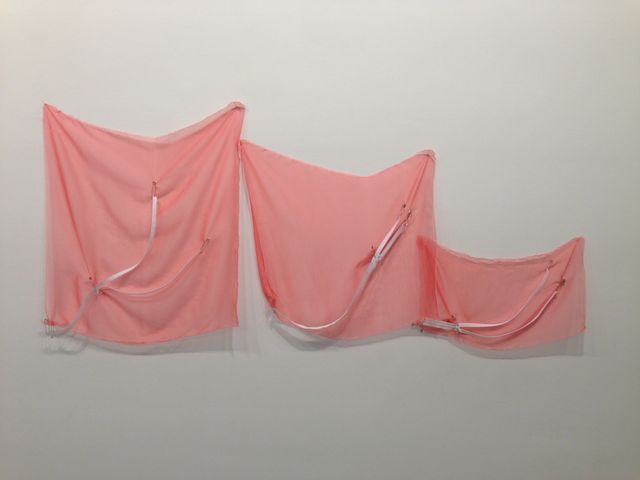 Sue Tompkins, Pink silk, safety pins, zips, Pink Train, 2013