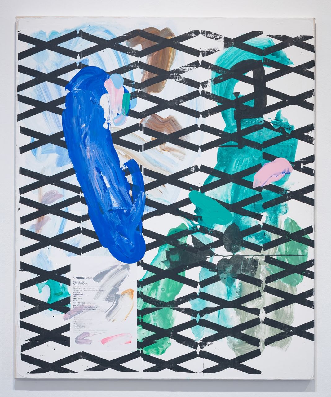 Melissa Gordon, Acrylic, pigment, flache, marble dust, silkscreen, on raw canvas, Female Readymade (Chain-link fence, rope, net, list of financial terms, text on Monsters, two holes, Medusa, (ADD HERE MEL), Jor, 2022