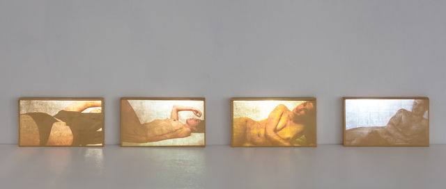Mark Boulos, Video projection on gilded wooden panel, The Gospel According to Mary Magdelene, 