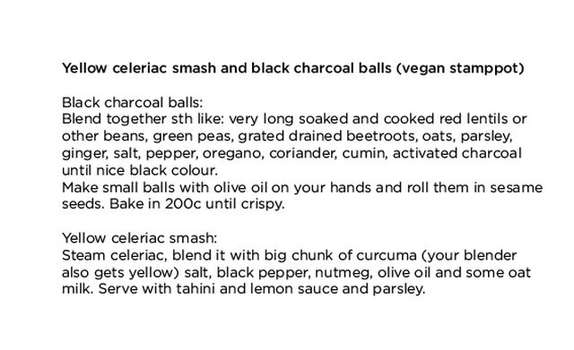 The choices of  Josefin Arnell, Recipe for yellow celeriac smash and black charcoal balls (vegan stamppot), - Im currently eating -, 
