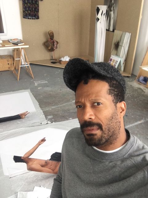 The choices of  Jimmy Robert, Here is a pic of me in the studio and behind you can see the last tests that I did before I sent all to the Leopold Hoesch Museum where I have a solo show extended now to September 2020., - My home/studio -, 