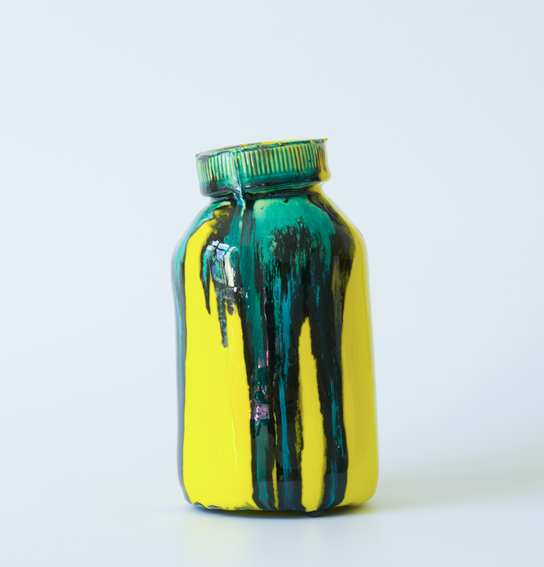 ARTICHOKE , Hot in Hell / Easy to swallow, 2015, Yellow ceramic vitamin jar. Sold with Save the world wallpaper, Unique in a series of 12.  Euro: 250,- + shipping., Josefin Arnell , 