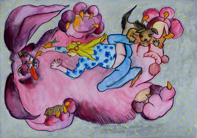 Josefin Arnell, Watercolours, pastel, ink, oil crayons , Feeding bunny, 
