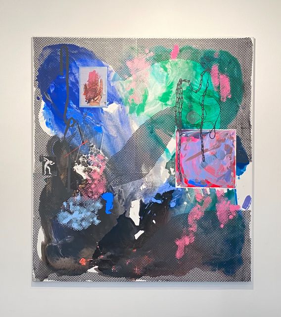 Melissa Gordon, Acrylic, silkscreen, pigment, marble dust, photograph on aluminium, on canvas, Female Readymade (Etienne Decroux, clock face, my hand at the end of the day painted by Mabel, chains and rope, large erasure), 2021