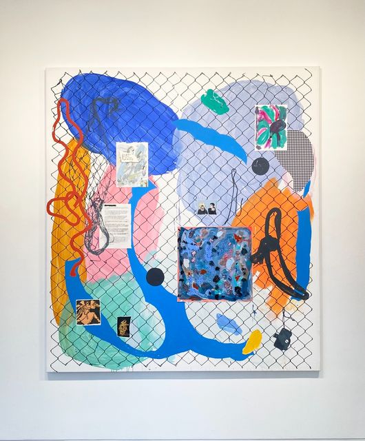 Melissa Gordon, Acrylic, pigment, flache, marble dust, silkscreen, on raw canvas, Female Readymade (Chain-link fence, rope, net, list of financial terms, text on Monsters, two holes, Medusa, (ADD HERE MEL), Jor, 2022