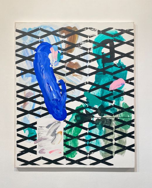 Melissa Gordon, Acrylic, pigment, flache, marble dust, silkscreen, on canvas, Female Readymade (X Fence, List of gestures, clamp, leaves), 2021