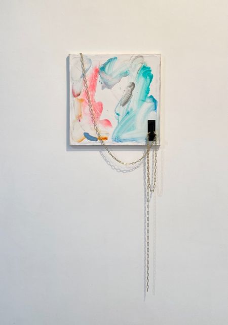 Melissa Gordon, Acrylic, marble dust, pigment, hook, chain on canvas, What's the hook, what's the handle?, 2021