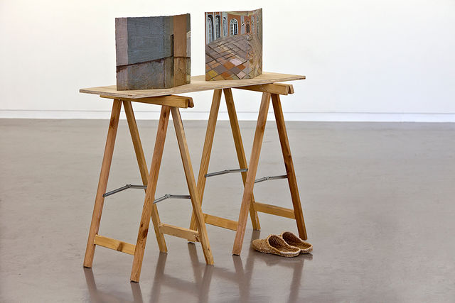 Aukje Koks, Oil on book cover on wooden table, Domestic Tunes, 2011