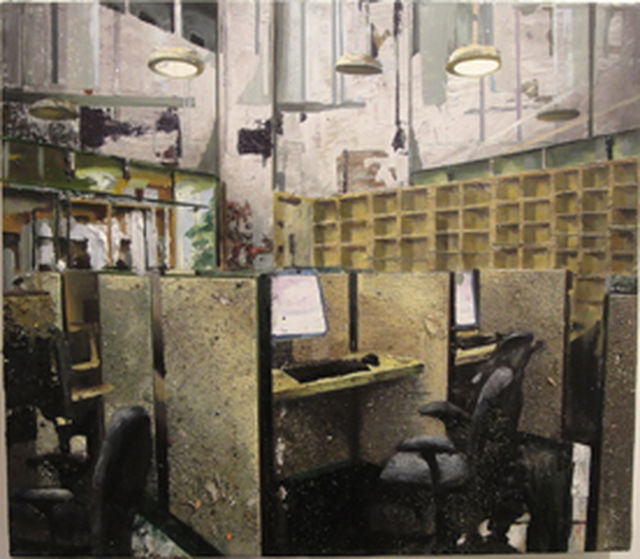 Tjebbe Beekman, Acrylic, enamel, sand on canvas on panel, Office II, 2011