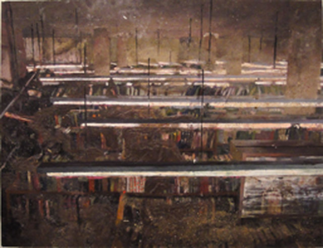 Tjebbe Beekman, Acrylic, enamel, sand on canvas on panel, Library, 2011