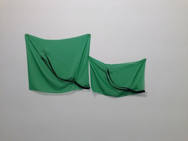 Sue Tompkins, Green silk, safety pins, zip, Through a deep greenness , 2013