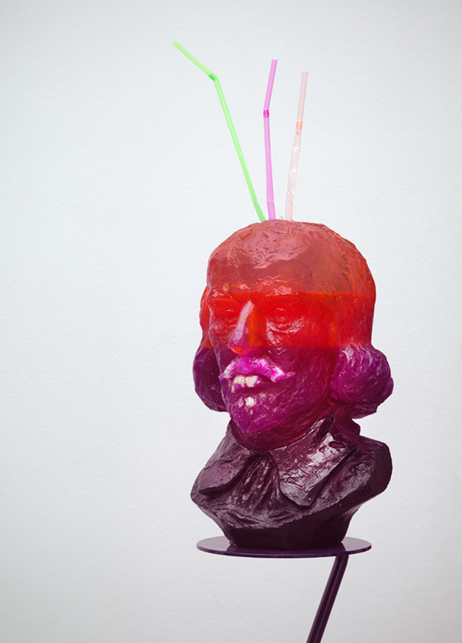 Nathaniel Mellors, Resin, steel, paint, false teeth, Half-Drunk Purple-Orange Shakespeare (with Teeth & 3 Straws), 2014