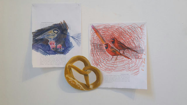 Aukje Koks, Crayon on paper, oil on linen, Garden Birds with Pretzel, 