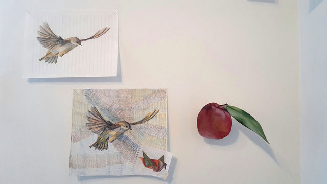 Aukje Koks, Crayon on paper, oil on linen, Garden Birds with Origami and Apple, 