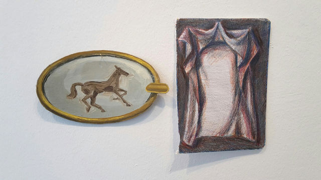 Aukje Koks, Crayon on paper, oil on linen, Horse Ashtray and Relic Cloth, 