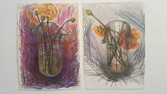 Aukje Koks, Crayon on paper, Yellow Flowers in Plexiglass Vase, 2017