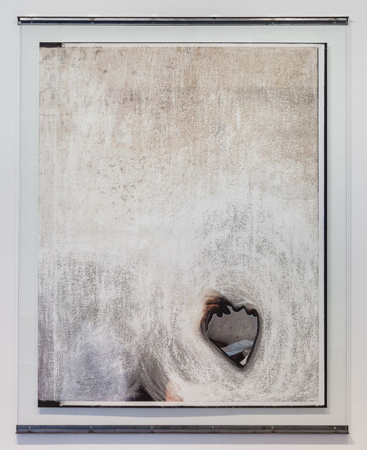 Amie Dicke, Sandpaper abrasion on archival inkjet print, glass, steel, I Will Shape Myself, 2017