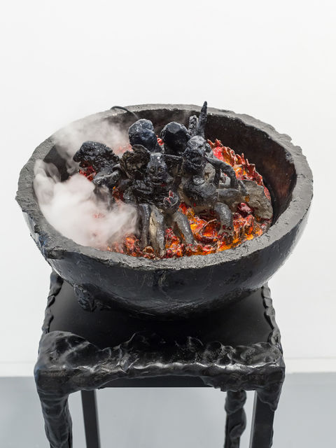 Thijs Jaeger, Ceramic, stainless steel, epoxy clay, smoke machine, Four Horse Men, 2018