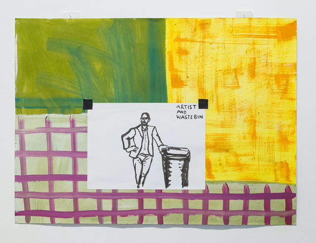 Bert Mebius, Water color and duct tape on paper, Artist and waste bin, 2019