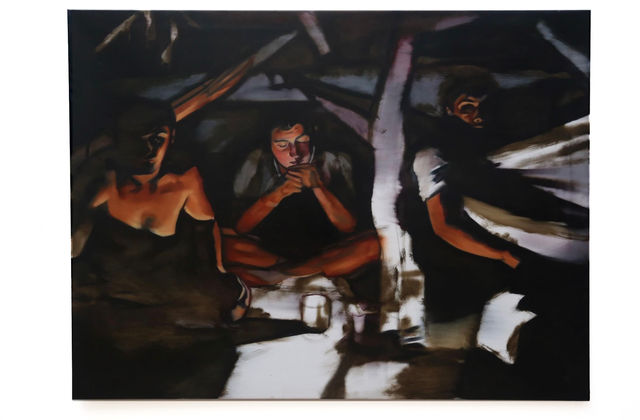 Erika Peucelle, Oil on canvas, Three boys in a cabin, 2022