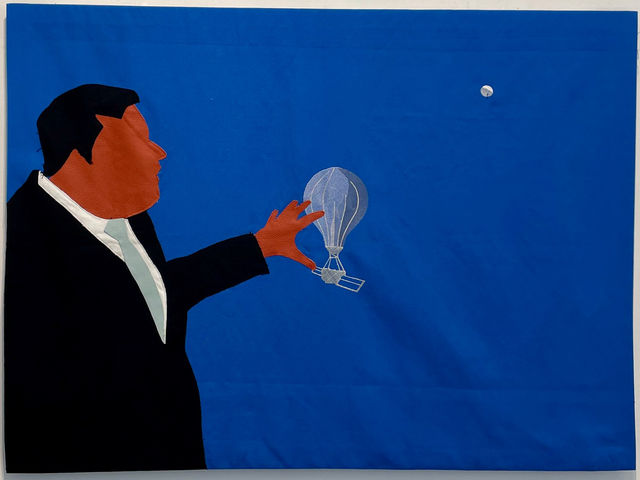 Dina Danish, Cloth, thread, appliqué, embroidery and sewing, Two suspicious balloons, 2023