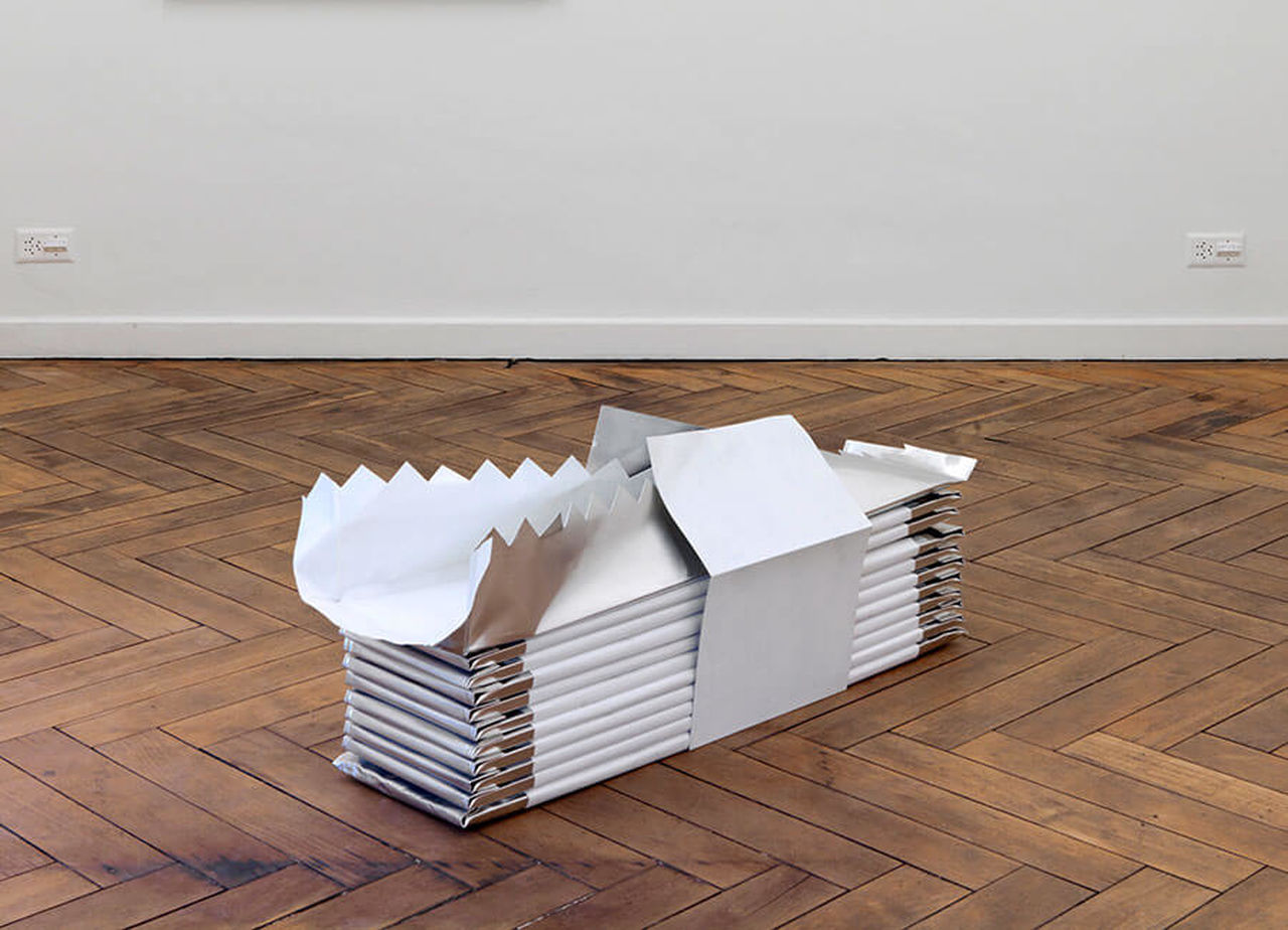 Dina Danish, Folded aluminum sheet, paper, oil paint, Study: gum as form 1, 2, 3, 4, 5, 2013
